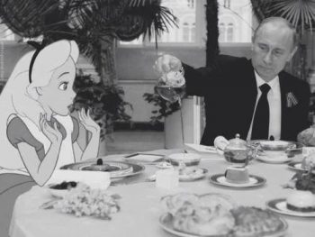 ‘Alice and Vladimir have tea in wonderland’. Anonymous, Photoshop.